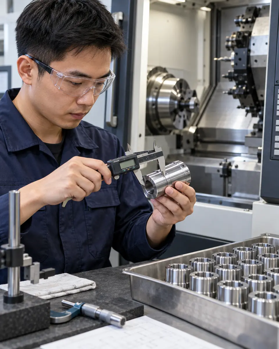 Kỹ thuật viên đo chi tiết máy CNC trong công xưởng